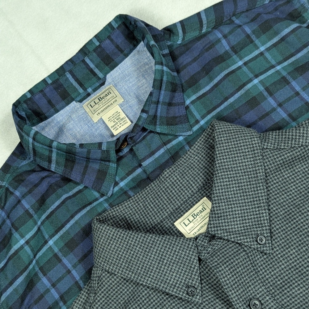Set of 2 L.L. Bean Mens XL Traditional Fit Plaid‎ Flannel Grey Houndstooth